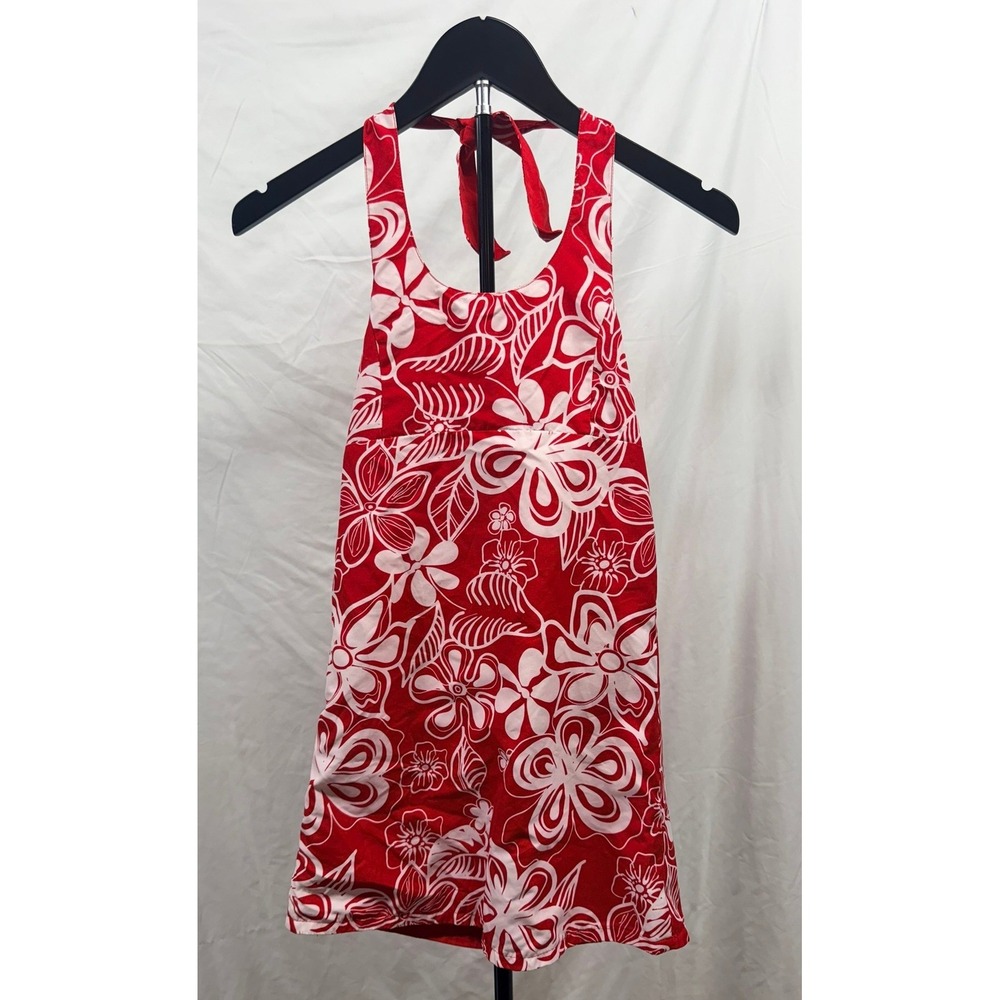 Mossimo Girls Red White Reversible Halter Floral Hibiscus Dress Size M 7/8